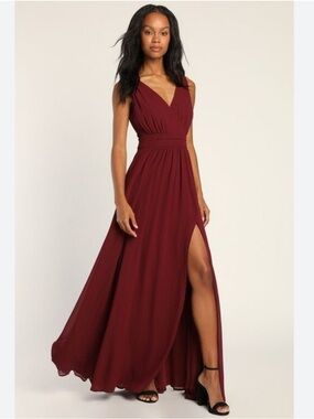 Fame and Partners Deep Burgundy V-Neck Maxi Gown with Side Slit NWT $325